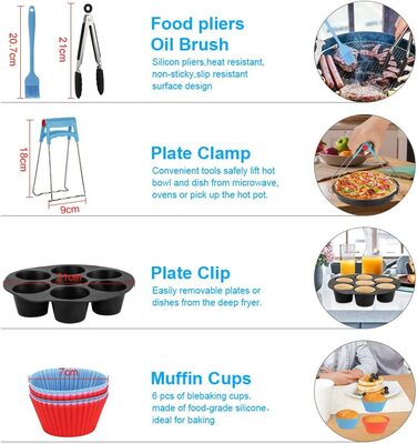 Набір аксесуарів для фритюрниці, набір аксесуарів для фритюрниці 8 дюймів 13 шт. для фритюрниць 3.8-5.5 л з рецептами, чашки для тортів з антипригарним покриттям, лоток для піци, силіконовий вкладиш для сковороди, форми для мафінів тощо.