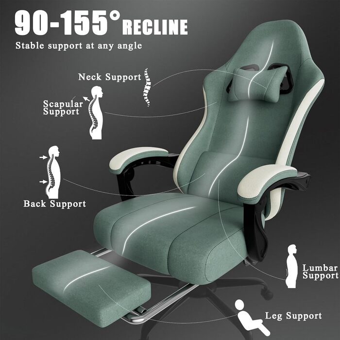 Ігрове крісло Cavabien, комп&39ютерне крісло з високою спинкою з тканини, оббивкою з пружинним блоком Pocket Spring та підставкою для ніг, ігрове крісло з регульованою висотою, підголівником та поперековою опорою (синє)