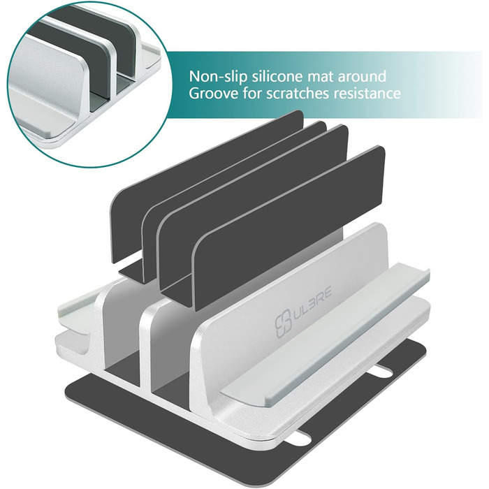 Вертикальна підставка для ноутбука з металу, подвійне регулювання, 4 слоти, для MacBook, HP, Chromebook до 17.5 дюймів (44.5 см) срібляста