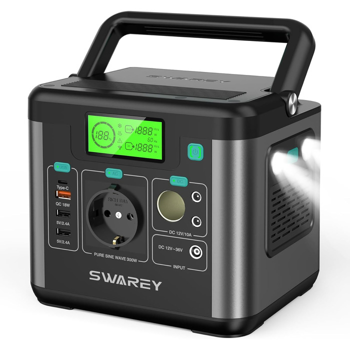 Портативна електростанція, сонячний генератор 222 Втгод, вихідна потужність змінного струму 300 Вт (пікова 600 Вт), порт USB-C 65 Вт, електростанція для кемпінгу, подорожей та кемперів