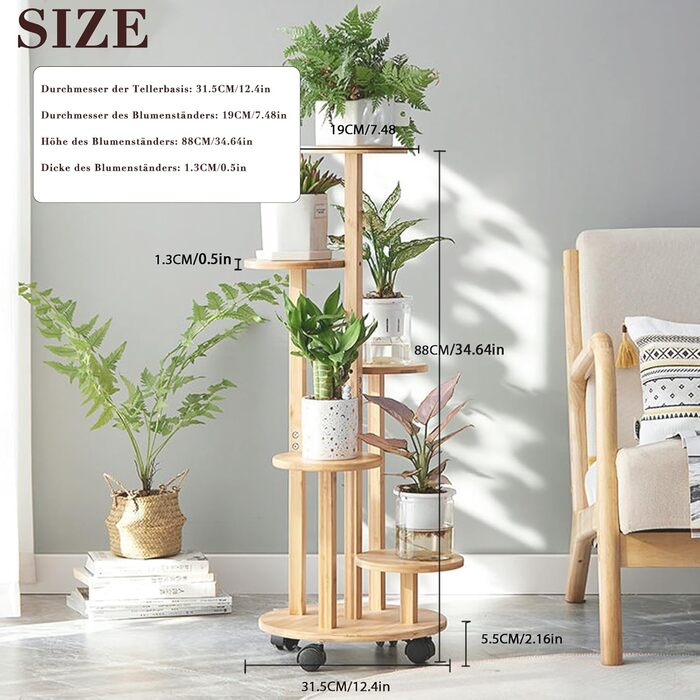 Бамбукова підставка для квітів на колесах, 5-ярусна підставка/стійка для квітів на балкон, шасі Ø31,5 см * верхня полиця Ø19 см * висота 88 см, полиця для рослин для використання на вулиці, легко переміщується (колір дерева), 5-ярусна підставка для рослин