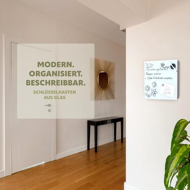 Скринька для ключів Bremermann XL зі скляною передньою частиною, з можливістю запису, 13 гачків, 6 магнітів, 1 маркер, 1 тримач для маркера, металевий корпус, порошкове покриття сірого (білого) кольору