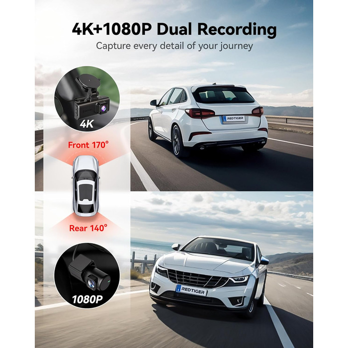 Відеореєстратор автомобільний передній задній, сенсорний екран 3.18 дюйма, голосове управління, вбудований 5.8 ГГц WiFi GPS, безко