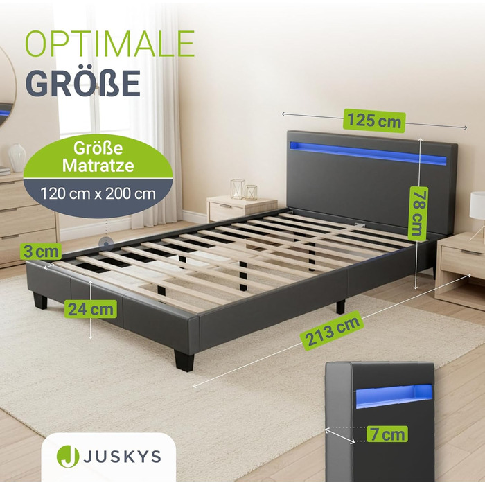 Ліжко Juskys Paris з м&39якою поверхнею 120x200 см - Каркас ліжка зі світлодіодним освітленням, рейковою основою та матрацом - сірий - штучна шкіра - Односпальне ліжко, дитяче ліжко, темно-сірий 120 x 200 см