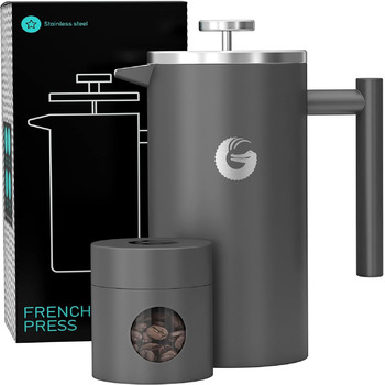 Кавоварка Coffee Gator French Press - Термос з нержавіючої сталі для довшої гарячої кави - 1 літр - сірий - Включає каністру для кави для подорожей