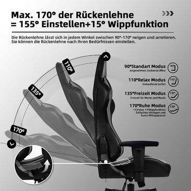 Геймерське крісло, офісне крісло з функцією гойдання до 170, ігрове крісло з регульованою поперековою подушкою, підлокітниками та підголівником, геймерське крісло зі зручними подушками сидіння, ігрове крісло вантажопідйомністю 150 кг