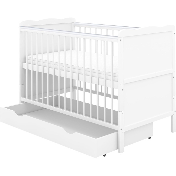 Дитяче ліжечко 70x140 біле, що трансформується в дитяче ліжко Jack з шухлядою