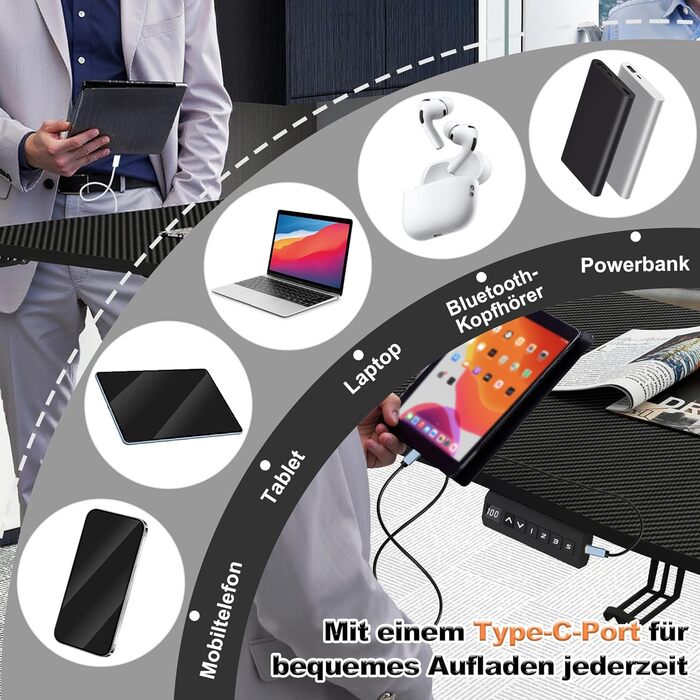 Стіл 140x60 см з електричним регулюванням висоти, карбонова поверхня та порт зарядки Type-C, ігровий стіл з функцією пам&39яті, робоча станція для ПК, стіл для роботи сидячи та стоячи, офісний стіл, чорний 140x60 см чорний