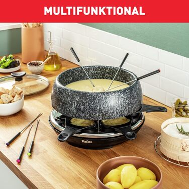 Електричний раклетний гриль прилад для фондю для 6 осіб 6 сковорідок, 6 виделок, 1 каструлякришка, книга рецептів Кам'яний вигляд Можна мити в посудомийній машині 850 Вт, 12C8