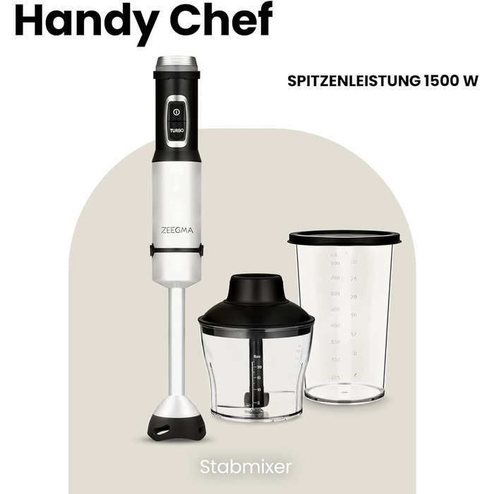 Ручний блендер ZEEGMA Handy Chef 5в1 багатофункціональний 1500 Вт, набір насадок блендер, блендер, віночок, гачок для змішування, кухонний комбайн 0,6 л, контейнер 0,8 л, турборежим, регулювання швидкості