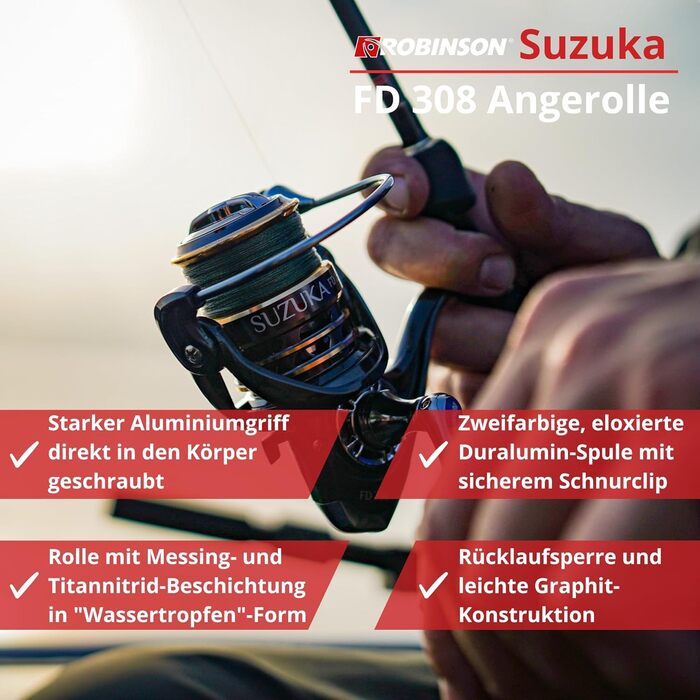 Рибальська котушка Robinson - переднє гальмо, 8 кулькових підшипників, дюралюмінієва шпуля, 5.21 - підходить для лову окуня, форелі, головня, судака, щуки та сома залежно від розміру - Suzuka 3000