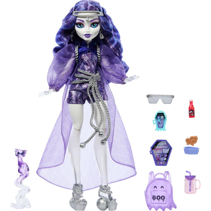 Лялька Monster High Spectra Vondergeist з тхором Руеном та аксесуарами, такими як рюкзак, планшет, снеки та інше, HXH77