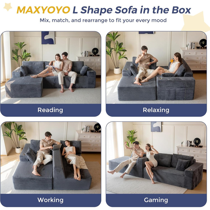 Модульний диван та шезлонг MAXYOYO, диван Cloud без кісток, кутовий диван на 3-4 місця з регульованим положенням ліворуч/праворуч, вельветова оббивка, великий L-подібний розкладний диван для вітальні, складання не потрібне, сірий шезлонг ліворуч