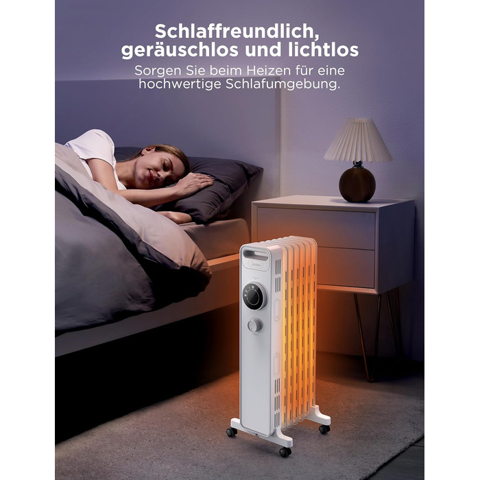 Масляний радіатор Midea NY1507-22M, енергозберігаючий, тихий електричний обігрівач потужністю 1500 Вт із 7 ребрами, термостатом, 3 режимами нагріву, захистом від перекидання та перегріву, еко-режимом, швидким нагріванням та портативним, білий колір