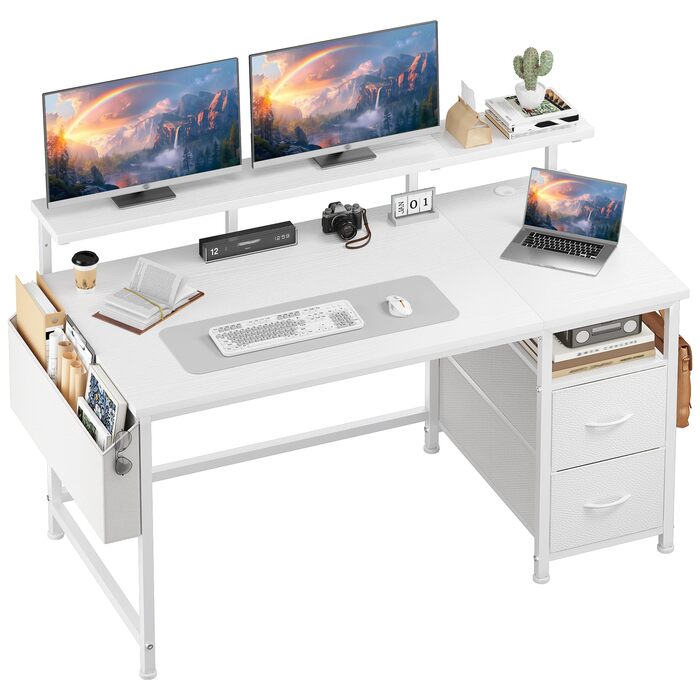 Письмовий стіл 120x48 см з 2 шухлядами, пропонує місце для зберігання, комп&39ютерний стіл, ігровий стіл з підставкою для монітора, 2 гачки для зберігання, відділення для організації кабелів, підходить для працівників з дому та геймерів, білий 120x48 см