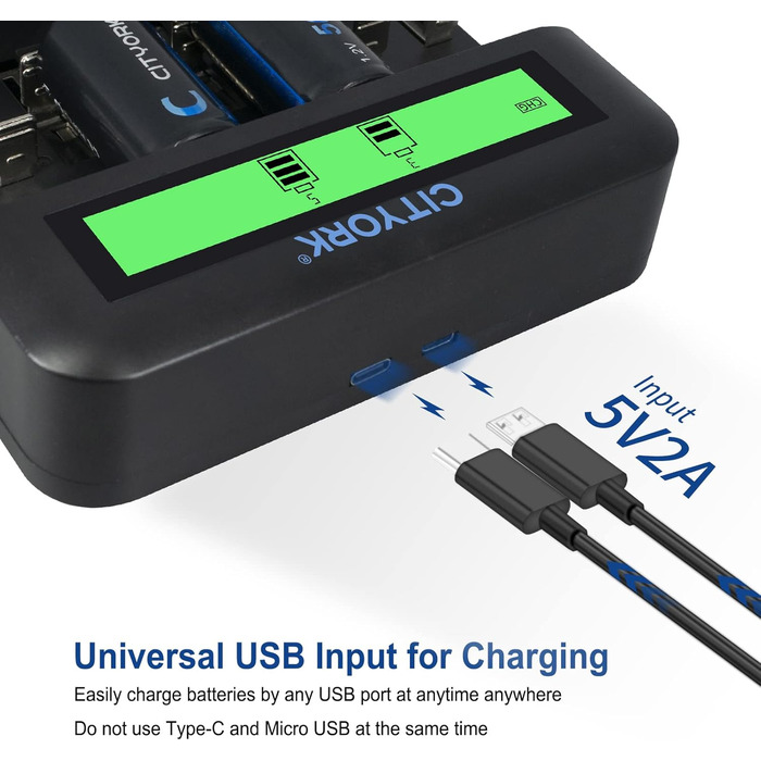 Акумуляторні батареї CITYORK C Cell 5000mAh з 8 слотами для зарядного пристрою Ni-MH акумуляторів AA AAA CD (зарядний пристрій та 6 батарейок Baby C)