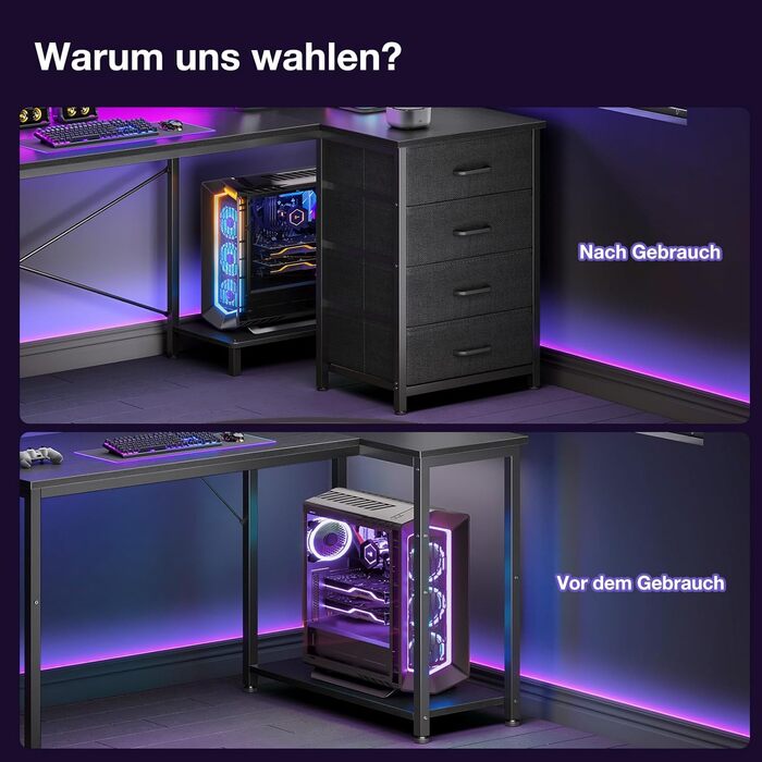 Кутовий письмовий стіл ODK з 4 тканинними шухлядами, 140x80 см, двосторонній L-подібний стіл з 2 розетками та 2 портами зарядки USB, L-подібний ігровий стіл зі світлодіодним освітленням та підставкою для монітора для домашнього офісу, чорний 140 x 80 см