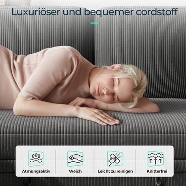 Розкладний диван LINSY HOME, кутовий диван з функцією сну, місцем для зберігання речей, вельветова оббивка, L-подібні модульні дивани з шезлонгом для віталень та квартир (темно-сірий, U-подібний) Темно-сірий U-подібний