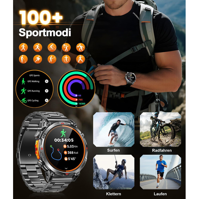 Військовий смарт-годинник для чоловіків, спортивний GPS-годинник з 1,6-дюймовим AMOLED HD-дисплеєм, функціями телефону/чату/GPT/AI/5 спортивних режимів GPS/100 спортивних режимів, фітнес-годинник для Android та iOS (чорний)
