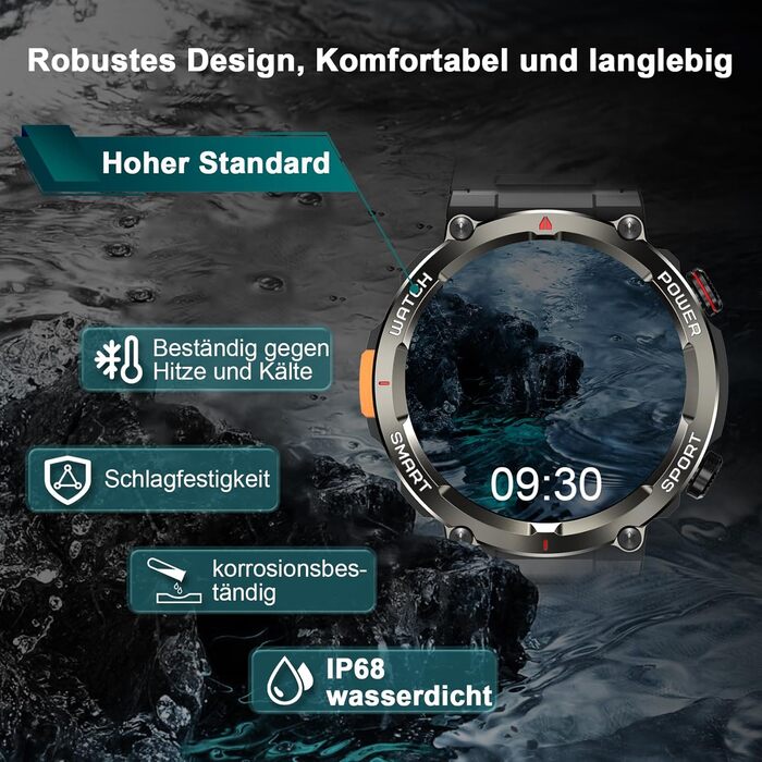 Розумний годинник IOWODO для чоловіків 100 днів роботи від батареї та підсвічування Bluetooth-дзвінки Водонепроникність IP68 та компас Сенсорний екран 1,45 дюйма Понад 100 спортивних режимів Аналіз серцевого ритму та сну Для Android/iOS, чорний