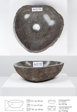 Раковина з натурального каменю 30 см — овальна сіра, Indonesian River Stone