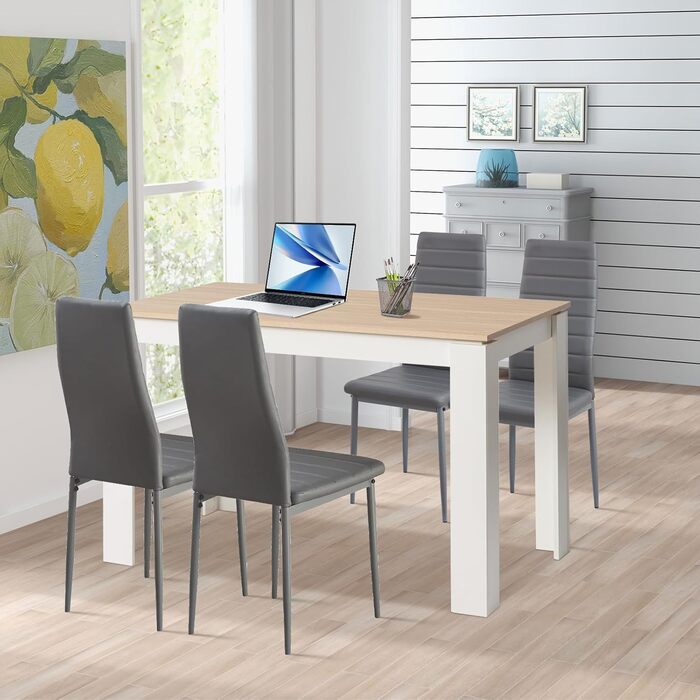 Обідній стіл, дерев&39яний обідній стіл для кухні, мінімалістичний дизайн, обідній стіл на 4 персони, 120x70x75см, дуб та білий, ніжка столу 120x70см дубово-біла