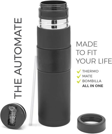 Новий - Автоматичний термос з нержавіючої сталі - Термос, чашка для мате та бомбілья в одному - Не потрібно наповнювати щоразу, коли хочеться випити (Чорний)