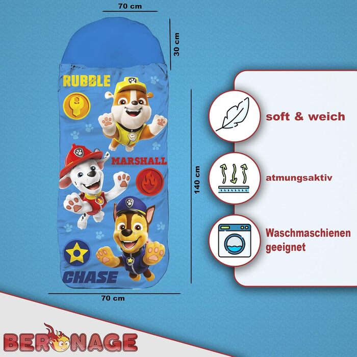 Дитячий спальний мішок Paw Patrol - синій 140 см 30 см (капюшон) x 70 см, ідеально підходить для вулиці/в приміщенні, з мішком Rubble, Marshall, Chase, мумія для кемпінгу - для дівчаток і хлопчиків на блискавці