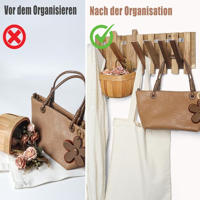 Звичайна дерев&39яна вішалка для пальто в сільському стилі з 8 гачками магнітна конструкція в шаховому порядку, відкидні настінні гачки для передпокою 42,5 см компактна настінна вішалка для курток, пальто та сумок. Розташування в шаховому порядку з 8 гачк