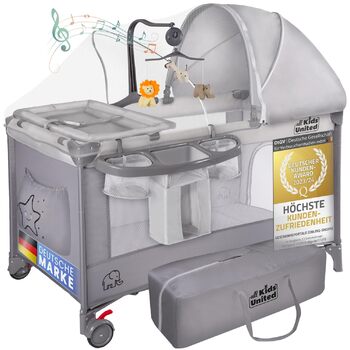 Дитяче ліжечко-дорожнє ліжечко all Kids United - Дитяче ліжечко Babycenter з матрацом, пеленальний килимок, музична іграшка та мобіль (сірий)