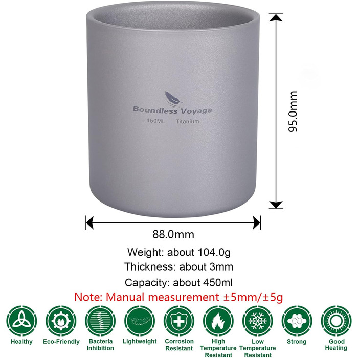 Титанова кружка Boundless Voyage, міні-ізольована чашка з подвійними стінками, для кемпінгу на свіжому повітрі, складна, для кави та чаю, легкий міцний посуд для щоденного використання, для походів, 450 мл, D-Ti3030d 450 мл-