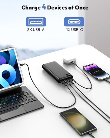 Зовнішній акумулятор Power Bank 27000mAh - SOARAISE 22,5W Powerbank PD USB C портативний зарядний пристрій з 4 виходами та світлодіодним дисплеєм для мобільного телефону, планшета чорний