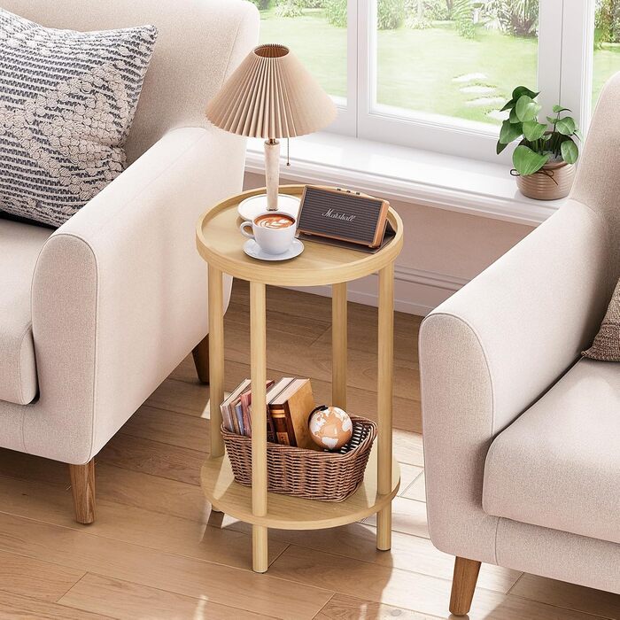 Круглий бамбуковий бічний столик HOOBRO, тумбочка з піднятим краєм, сучасний диван-столик, для невеликих приміщень, вітальні, спальні, коридору, вхідної зони, натуральний EYL156BZ01 натуральні кольори