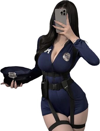 Жіночий костюм поліцейського, комплект із 4 предметів, сексуальний комплект для косплею зі страпонами, сексуальний боді на блискавці для рольових ігор у поліцейській формі з декоративною рацією та капелюхом, синій, один розмір