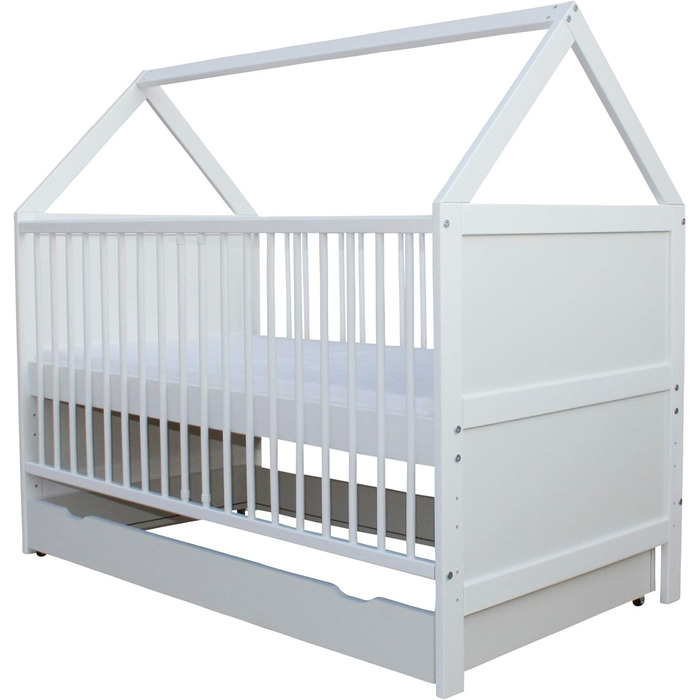 Дитяче ліжко Micoland, дитяче ліжко, дитяче ліжко, ліжко-будинок 140x70 см, опціонально з матрацом та шухлядою, трансформоване, масив дерева, біле, до 6 років (ліжко з матрацом та шухлядою)