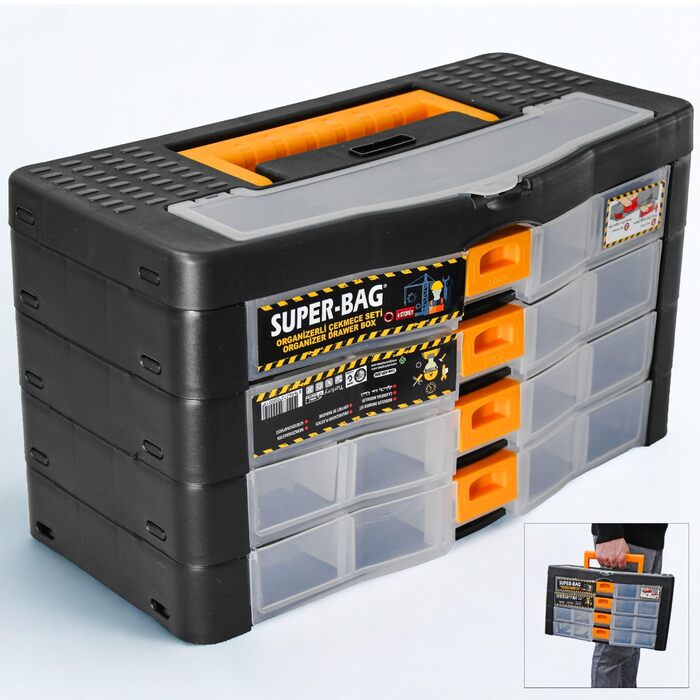Кейс для інструментів, органайзер для дрібних деталей, 4 шухляди, 390x190x215 мм, ящик для сортування, 21 регульоване внутрішнє відділення, ящик для асортименту, що штабелюється, ящик для інструментів, ящик для зберігання, магазин для дрібних деталей, маг