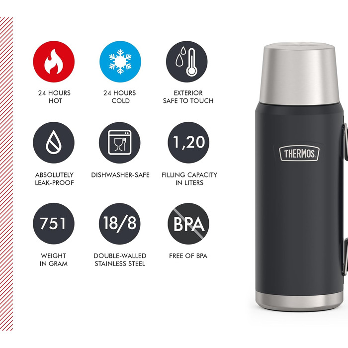 ТЕРМОС ICON ПЛЯШКА ДЛЯ НАПОЇВ 1,20 л, сірий/графітовий матовий, термос 1200 мл, ізольована пляшка з чашкою для пиття, термос з ручкою, зберігає напої гарячими/холодними протягом 24 годин, можна мити в посудомийній машині, герметичний, без BPA, 1200 мл, те