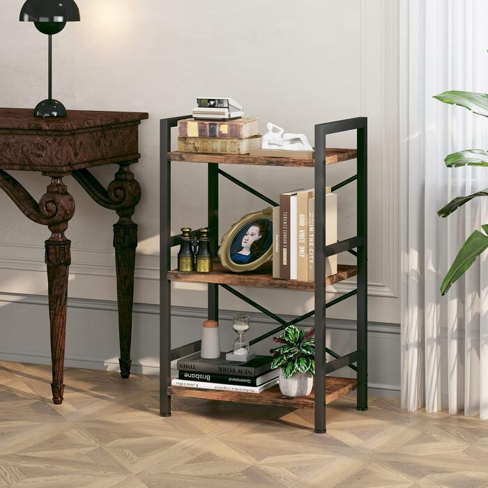 Рівнева промислова книжкова полиця, металева, невелика книжкова полиця, органайзер для зберігання для вітальні, спальні та домашнього офісу (сільський коричневий) 3 рівні, 3-