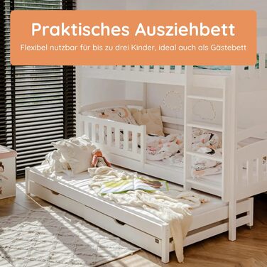 Двоярусне ліжко 90x200 см, дитяче ліжко, підліткове ліжко, двоярусне ліжко для 3 дітей, дві шухляди та поручні, що розкладається на 3 односпальні ліжка від 4 до 16 років вкл. рейкові основи білий 90x200 см, білий - Стиль 1