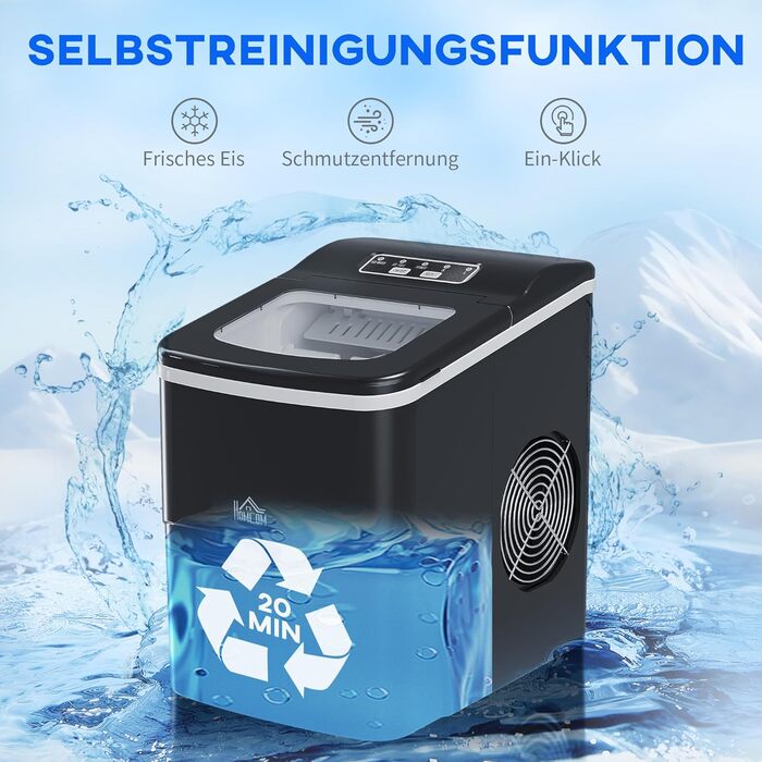 Машина для приготування кубиків льоду HOMCOM, льодогенератор 9 кубиків льоду за 8 хвилин, 12 кг/24 години, льодогенератор з резервуаром для води 2 л, функція самоочищення, LED-дисплей, для кухні, офісу, бару, вечірки, чорний