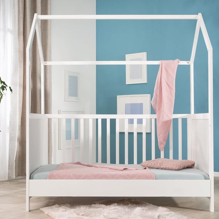Ліжко roba House 70 x 140 см - Сертифіковано FSC - Дитяче ліжко в стилі домашнього декору - Регульована висота - Трансформується в дитяче ліжко - Дерев&39яно-біле 143,5Д x 75Ш x 162,5В см
