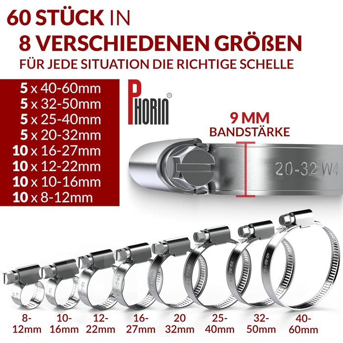 Набір 8 розмірів від 8-60 мм Хомути для шлангів - Хомут для труб, Хомут для шланга з нержавіючої сталі 304 - Ідеально підходить для автомобіля, будинку, саду тощо, 60 шт.