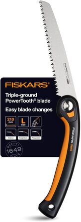 Складна пила Fiskars Plus, для товстих колод і гілок, 3 положення різання, гостре лезо з електроприводом, груба зубчастість, довжина леза 21 см, чорний/помаранчевий, пила SW69, 1067553 (полотно 20 см)