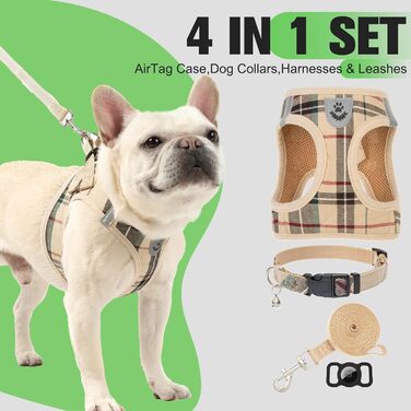 Шлейка та повідок для собак, комплект з тримачем для AirTag, м'яко підбитий, середній розмір, противисмикування, світловідбиваюча шлейка для цуценят, нашийник та повідок для прогулянок, Хакі, розмір S (Нашийник 22.8-29 см, Обхват грудей 36.8-40.6 см) Хакі