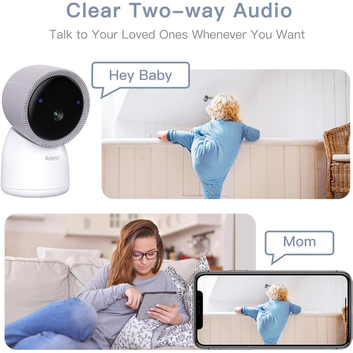 Монітор ARENTI з камерою 2K/3MP, 5 дюймів Wi-Fi Відеоняня PTZ 355, ІЧ нічне бачення, нічне світло, колискові, відображення темпера