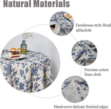 Блакитна квіткова пасторальна миється кругла скатертина Бавовняна білизна Вінтажна кругла скатертина 140 см Скатертина на відкрито