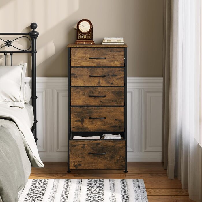 Комод WOLTU з 5 тканинними шухлядами, сервант, комод, для спальні, вітальні, коридору, металевий каркас, матеріал дерево, вінтажний дерев&39яний вигляд чорного кольору SSK004hov вінтажний дерев&39яний вигляд чорного кольору 1