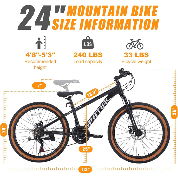 Гірський велосипед SPATIAL 29/27,5/26/24 дюймів, велосипед для активного відпочинку, 2 1/8 передачі, алюмінієва рама Подвійні дискові гальма, регульоване ергономічне сідло для чоловіків, жінок, підлітків, чорний 24 дюйми
