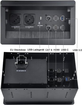 Вбудована настінна розетка для конференц-залу, столу, мультимедійна розетка, срібляста - 2 шт. Schuko - 2 шт. CAT6 - 2 шт. HDMI - USB 3.0 - стерео - USB-C для передачі даних (чорна)