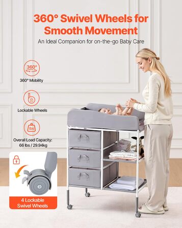 Портативний пеленальний столик VEVOR з 3 висувними шухлядами для тканини та колесами, що замикаються, регульований по висоті багатофункціональний пеленальний столик для немовлят з органайзером для зберігання речей для дитячої кімнати, сірий